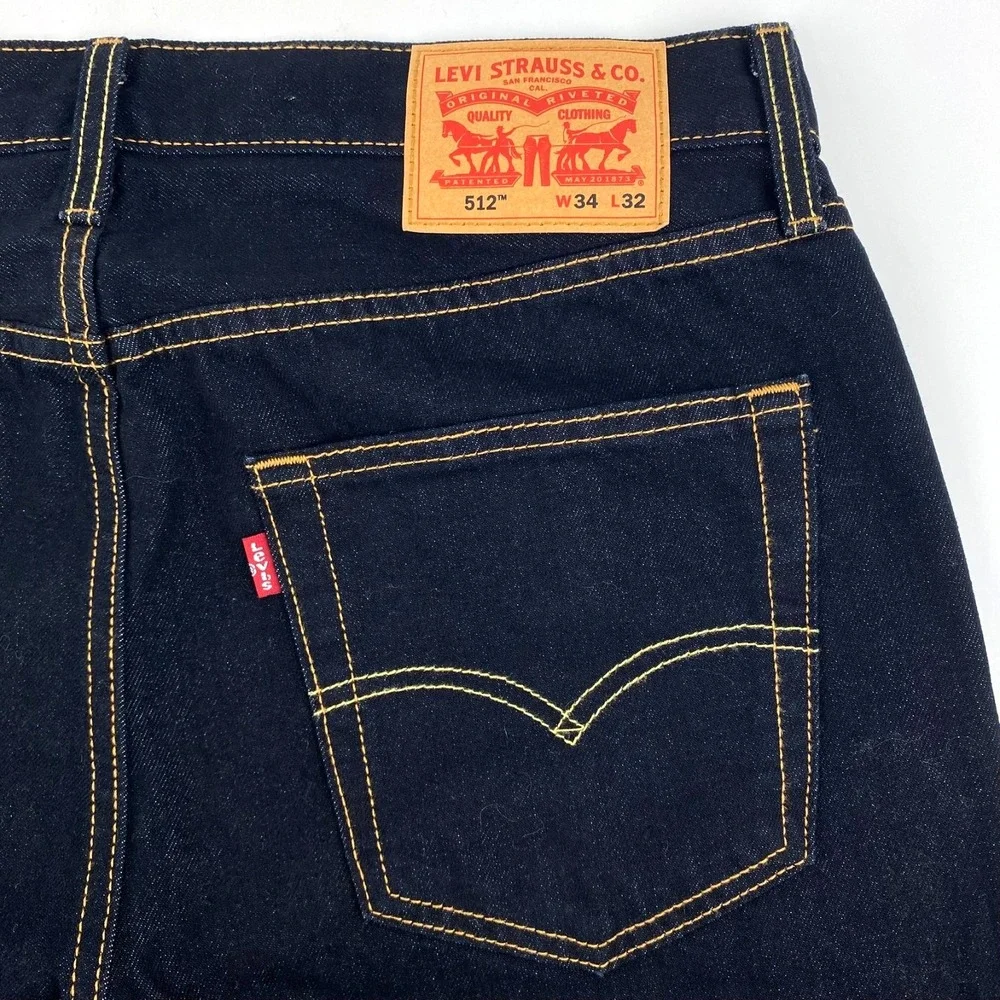 New Levis 512 Denim Jeans Men's 34 x 32 Dark Blue Taper Pants Cotton Blend, Fine